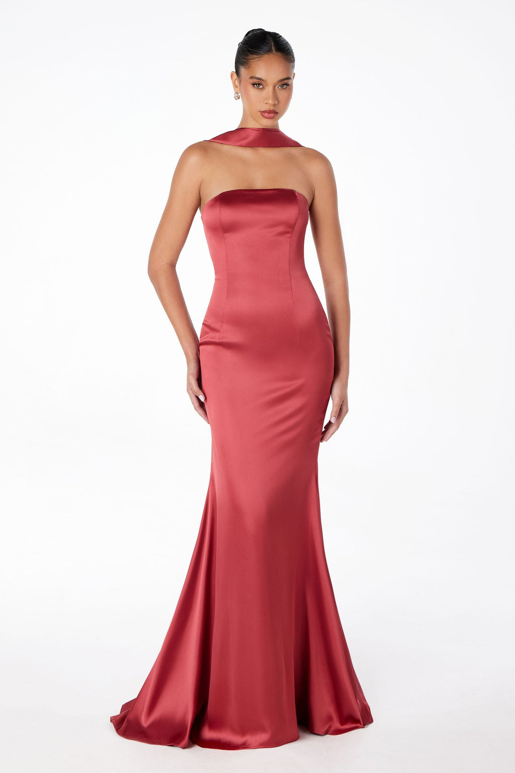 Red satin strapless fitted mermaid gown with fitted torso and wide flared hem