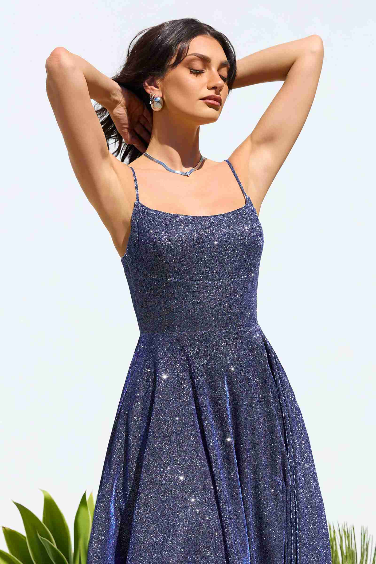 Blue glitter A-line gown with spaghetti straps and square neckline