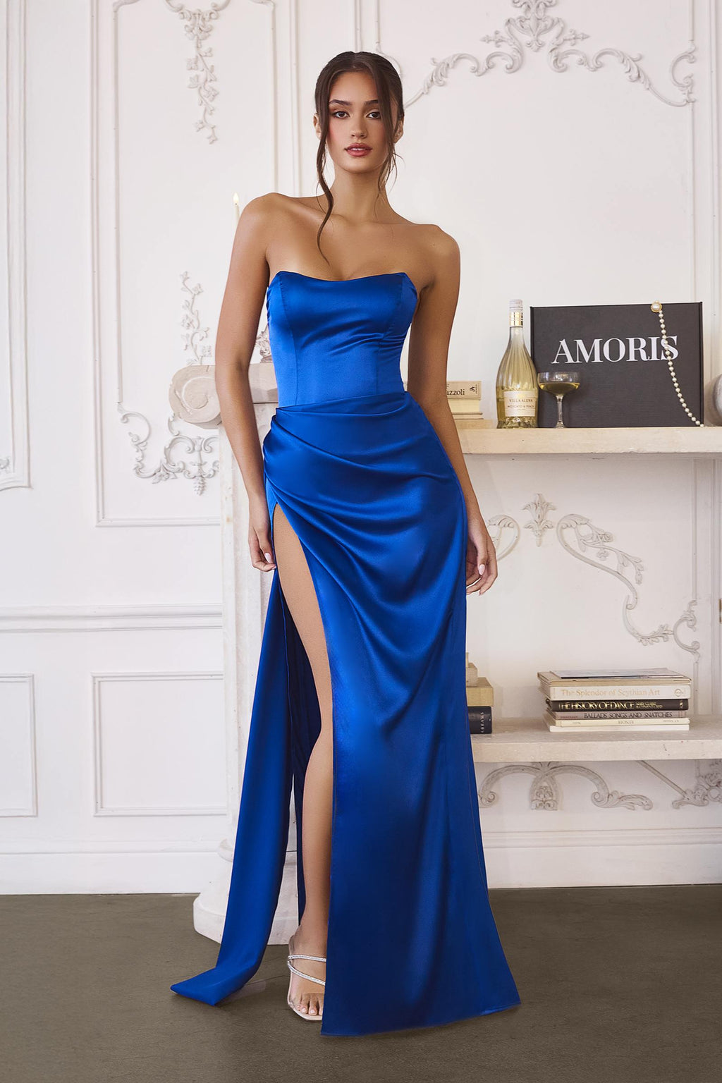 Royal blue strapless satin evening dress with side sash and split skirt