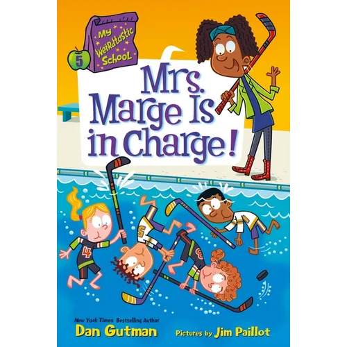 Hardcover book cover with cartoon title Mrs Marge Is in Charge and kids in water