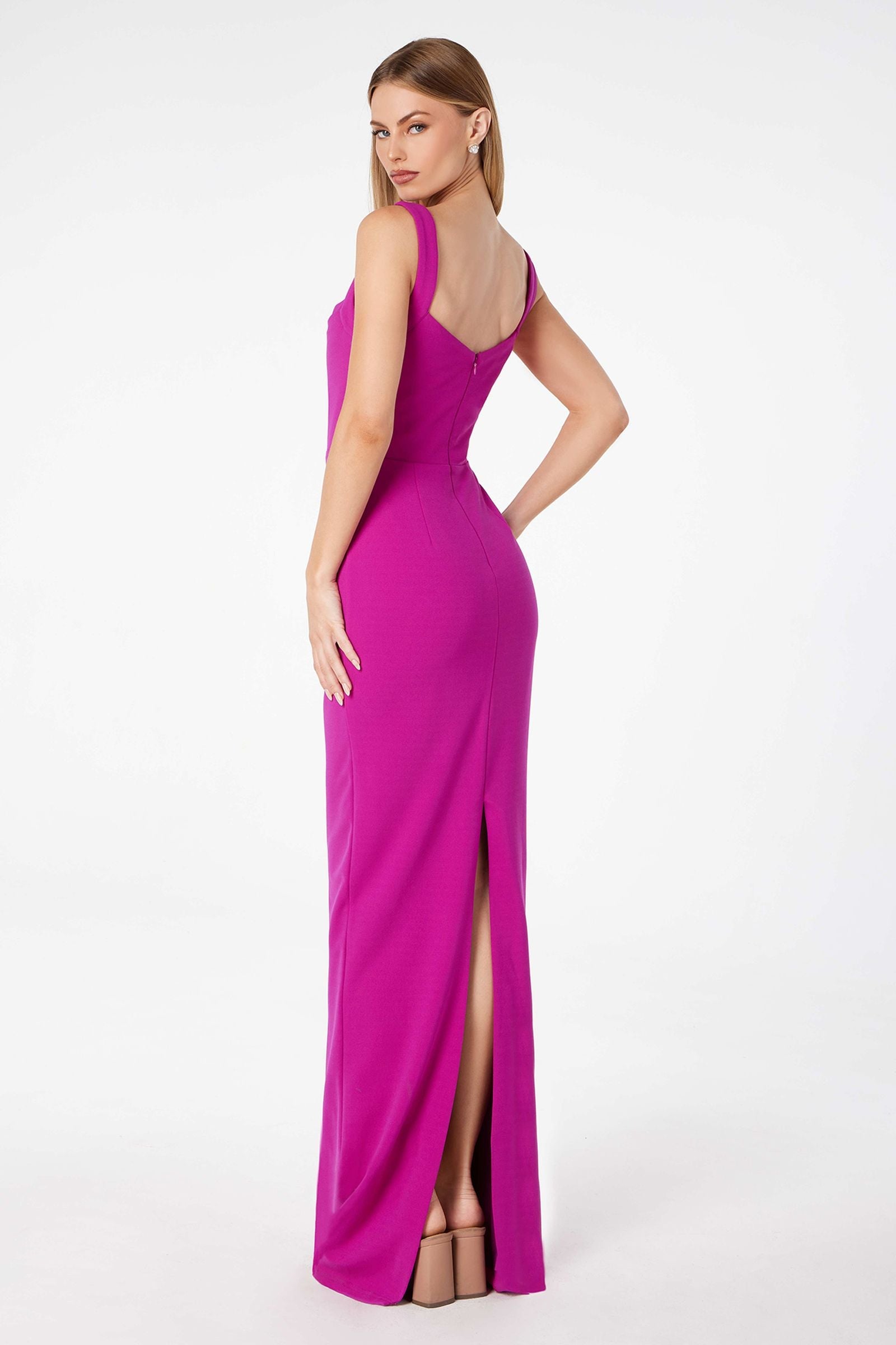 Magenta fitted gown with open back and back leg slit
