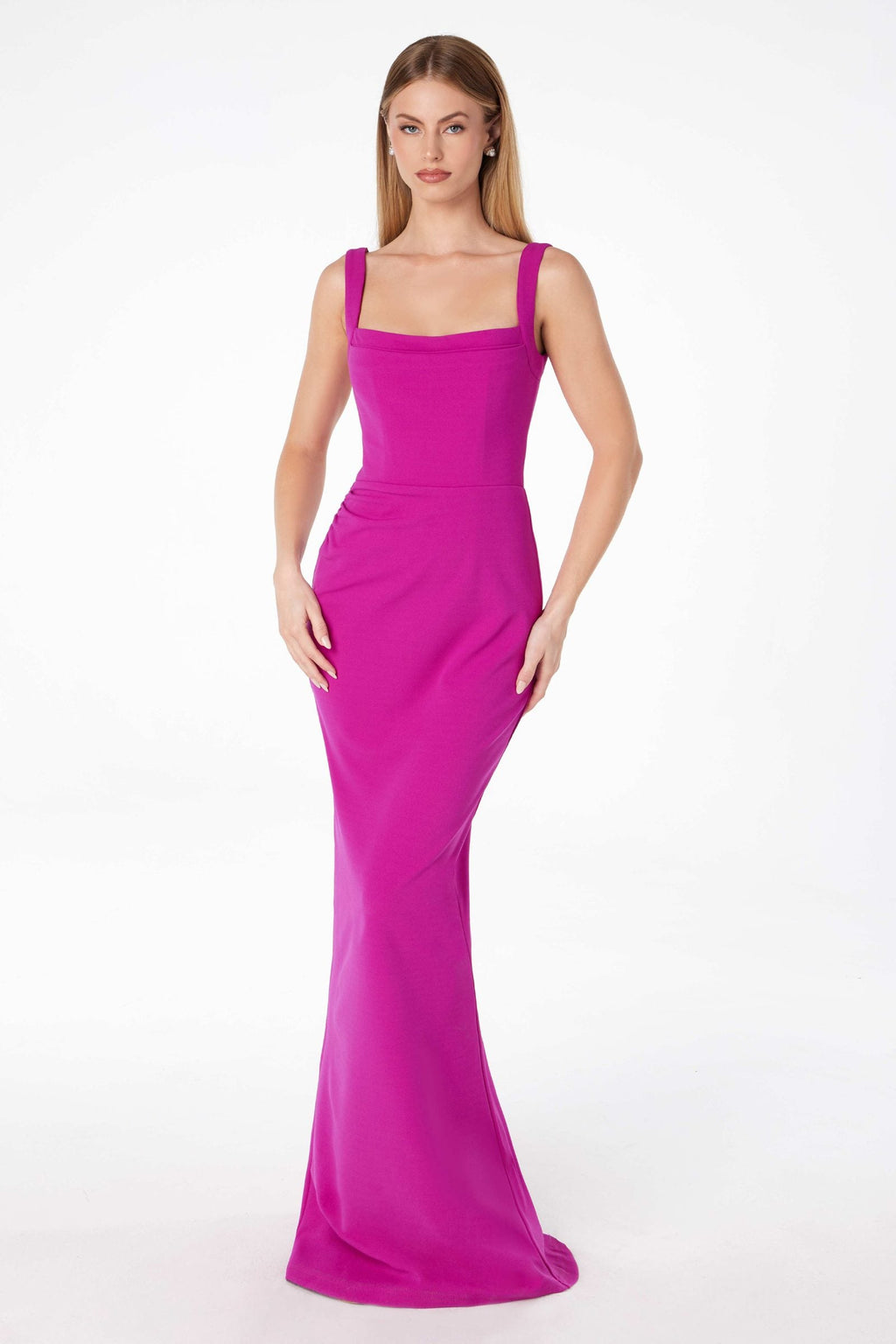 Magenta fitted evening gown with square neckline and thin straps