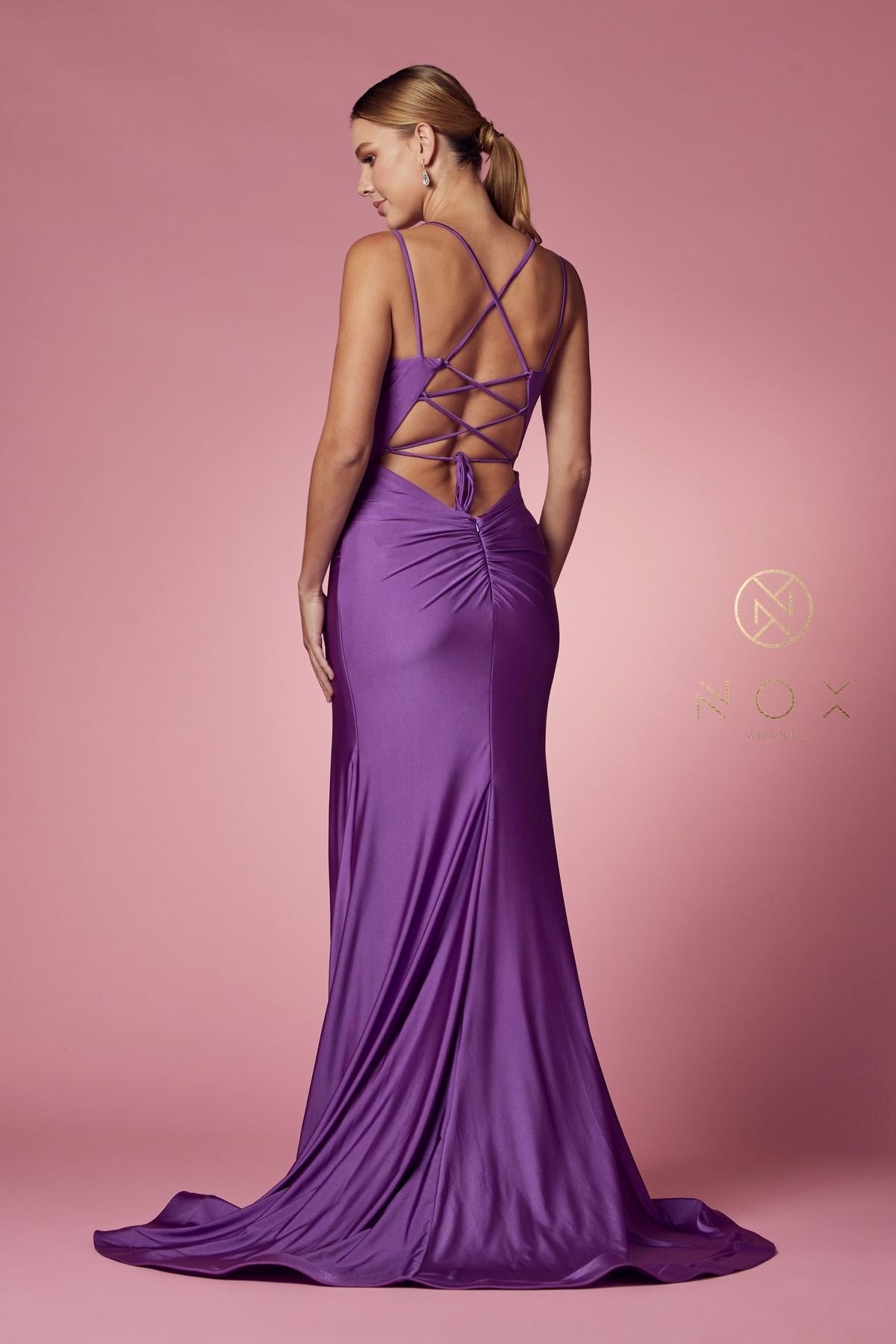Back crisscross spaghetti-strap fitted long gown with side slit, purple