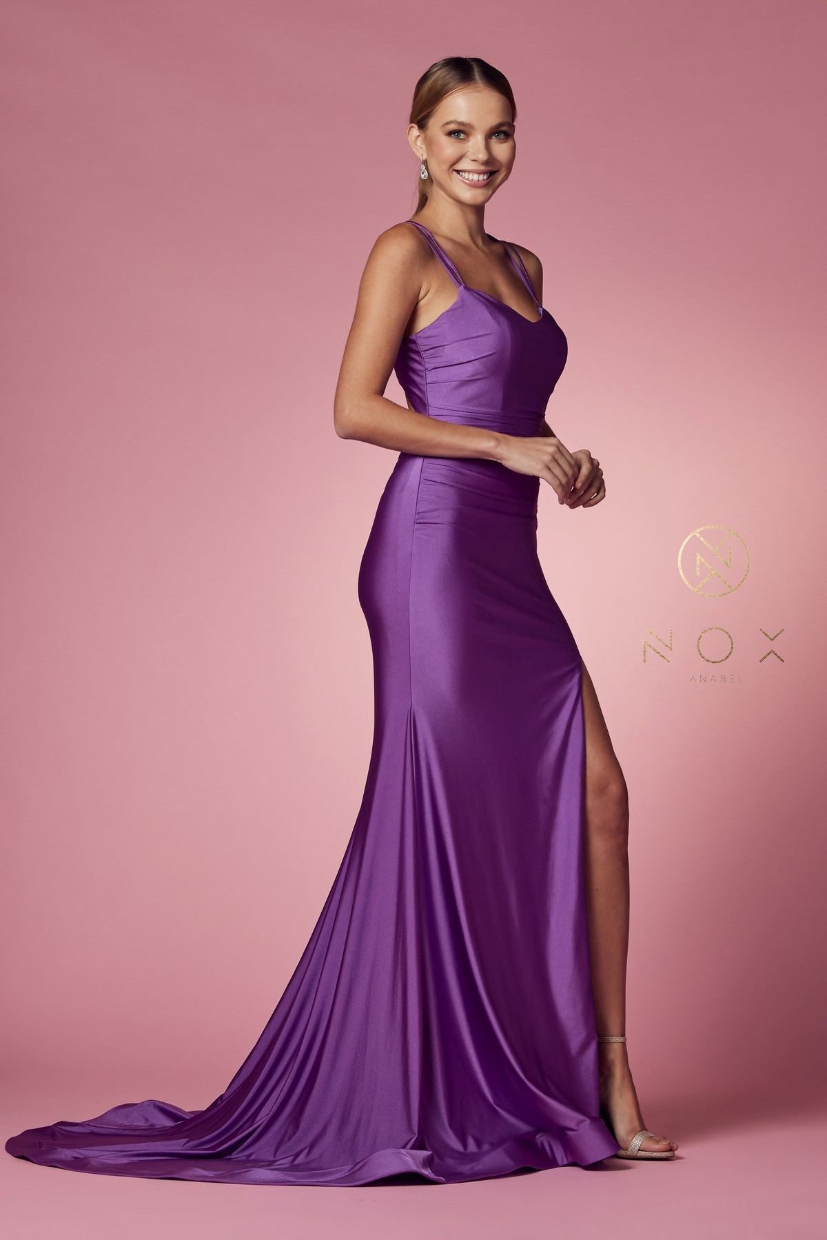 Fitted long scoop-neck spaghetti-strap gown with side slit, purple