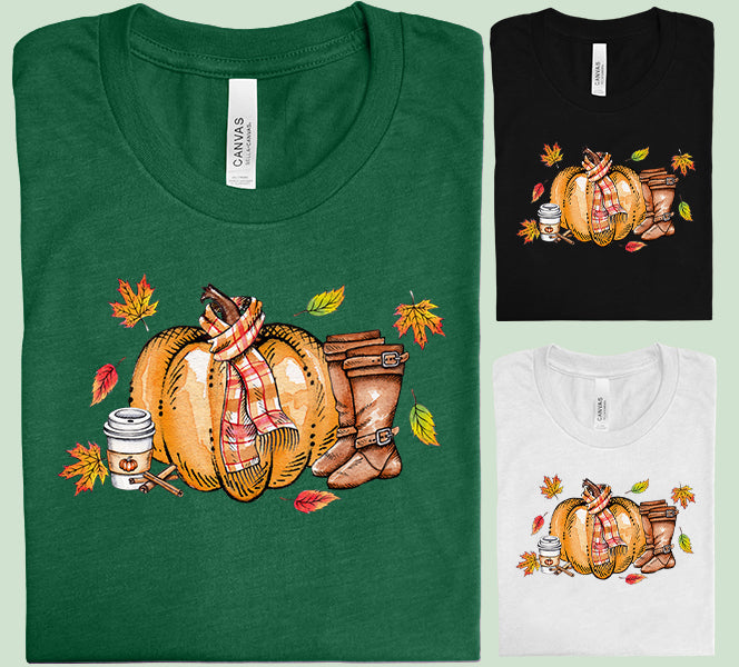 Crew-neck graphic T-shirt in green, black, and white with pumpkin and autumn leaves