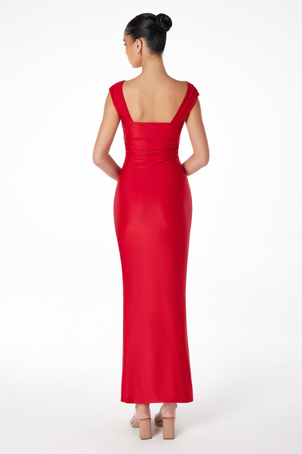 Red backless evening gown with V-back and high side slit, ankle length