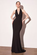 Black long halter evening gown with V-neck, fitted mermaid silhouette