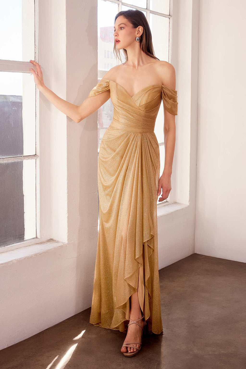 Gold off-shoulder glitter long evening gown with draped, slit skirt