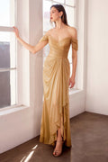 Gold off-shoulder glitter long evening gown with draped, slit skirt