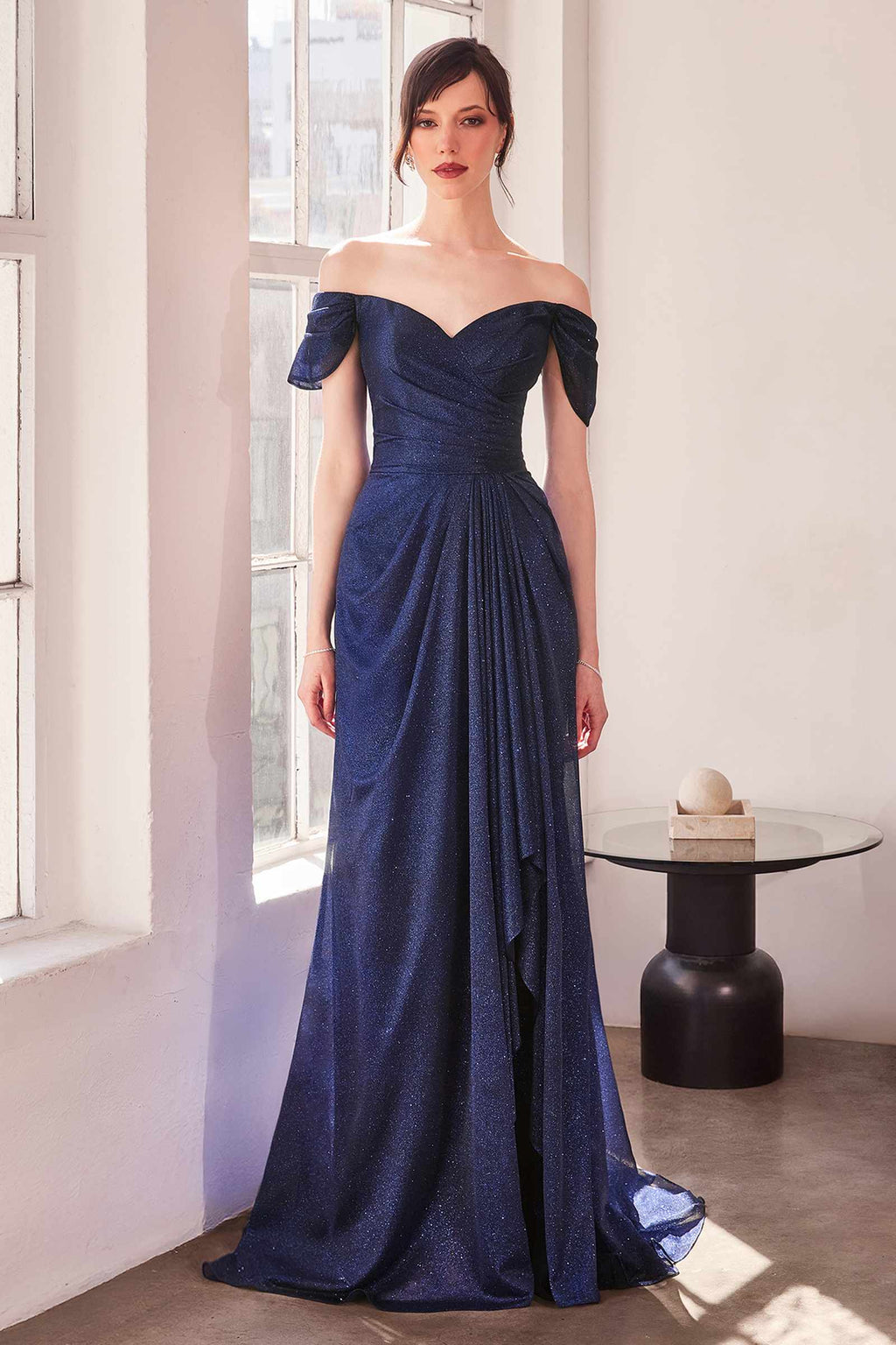 Navy off-shoulder glitter long evening gown with gathered bodice and full skirt