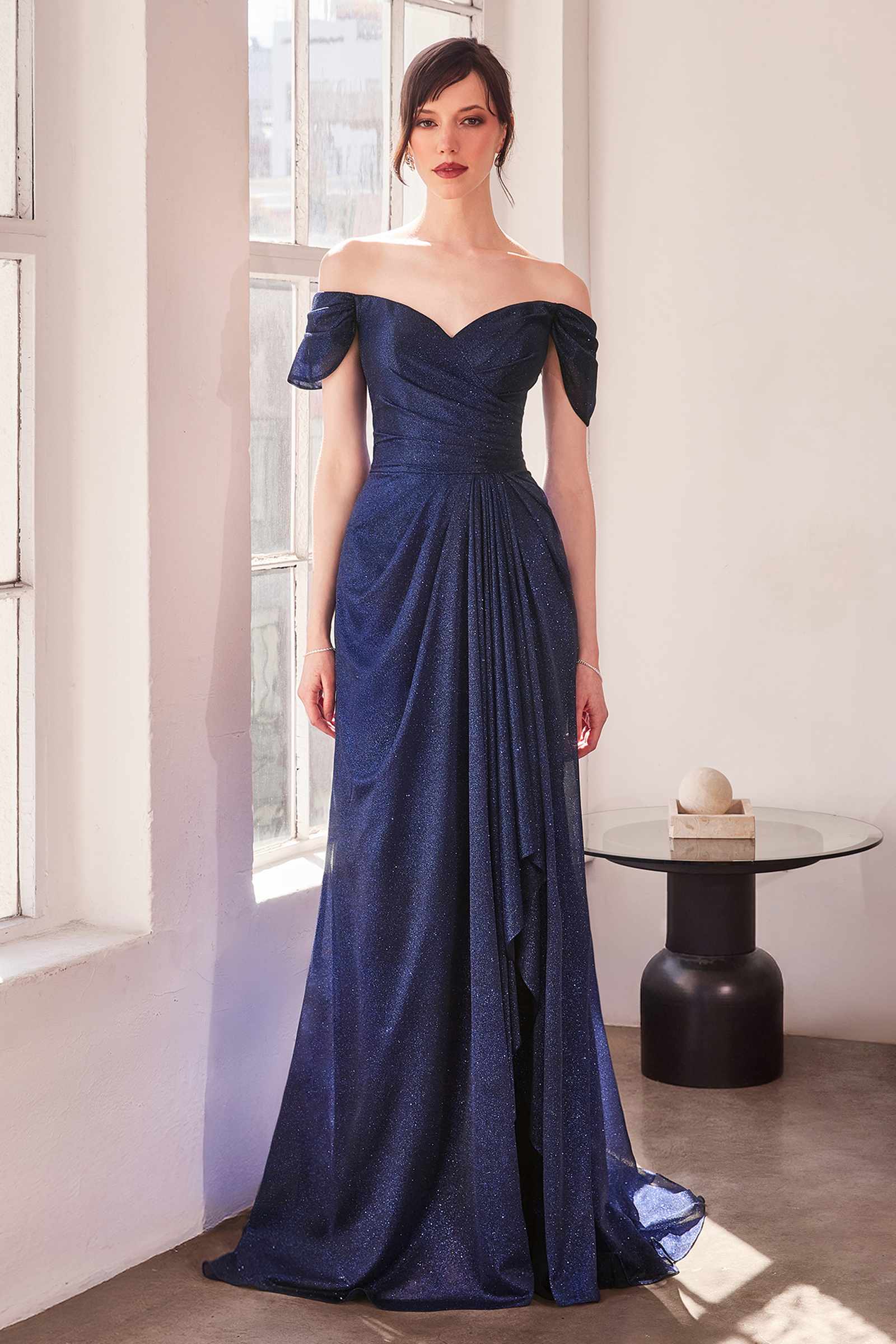 Navy off-shoulder glitter long evening gown with gathered bodice and full skirt