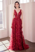 Burgundy long A-line gown, sleeveless V-neck with glittery floral pattern and full skirt.