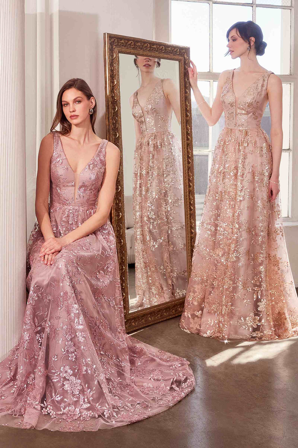 Blush pink long A-line gown, sleeveless V-neck with all-over glitter floral lace texture.