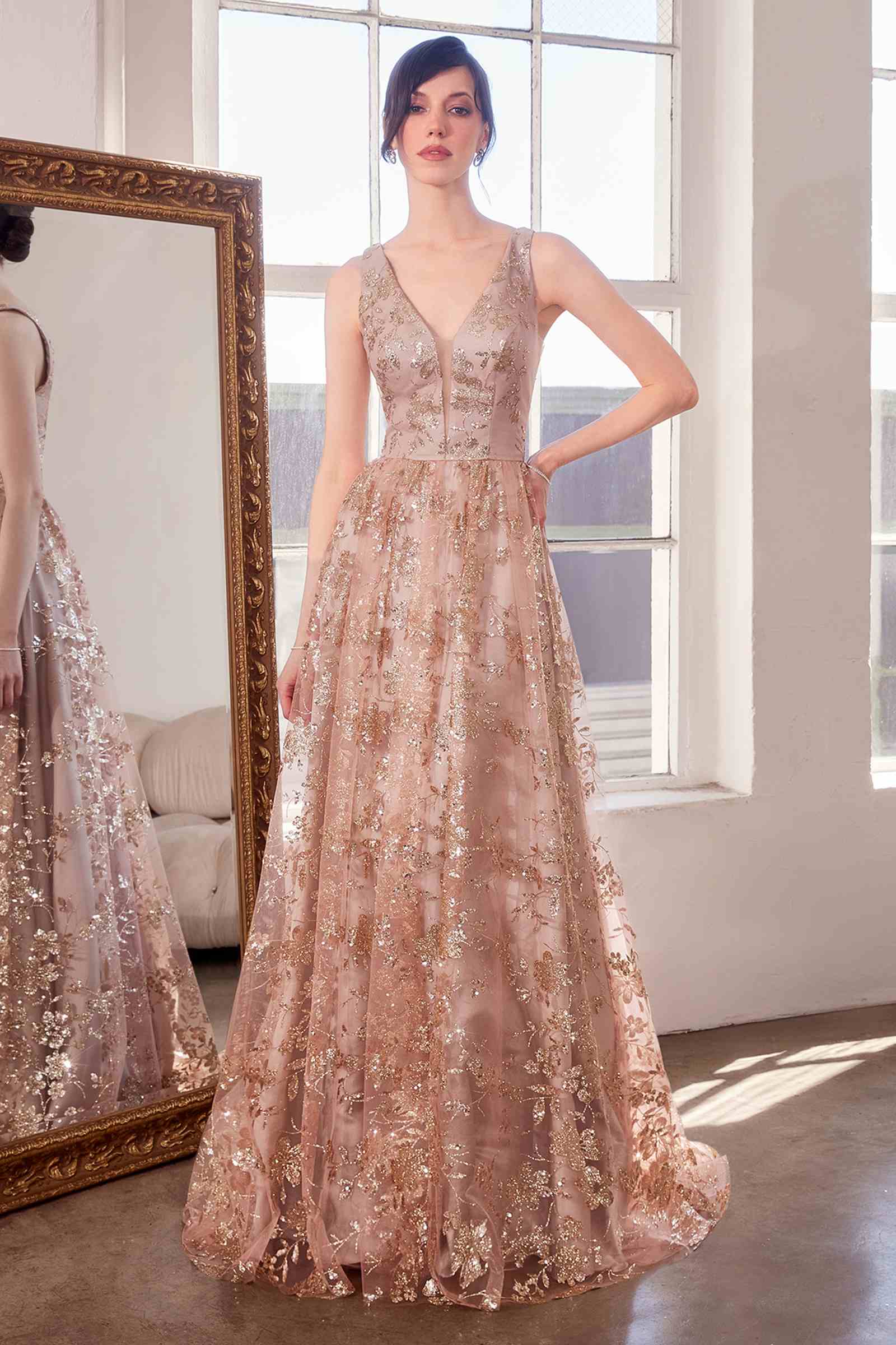 Champagne gold sleeveless A-line gown with V-neck and allover glitter floral print