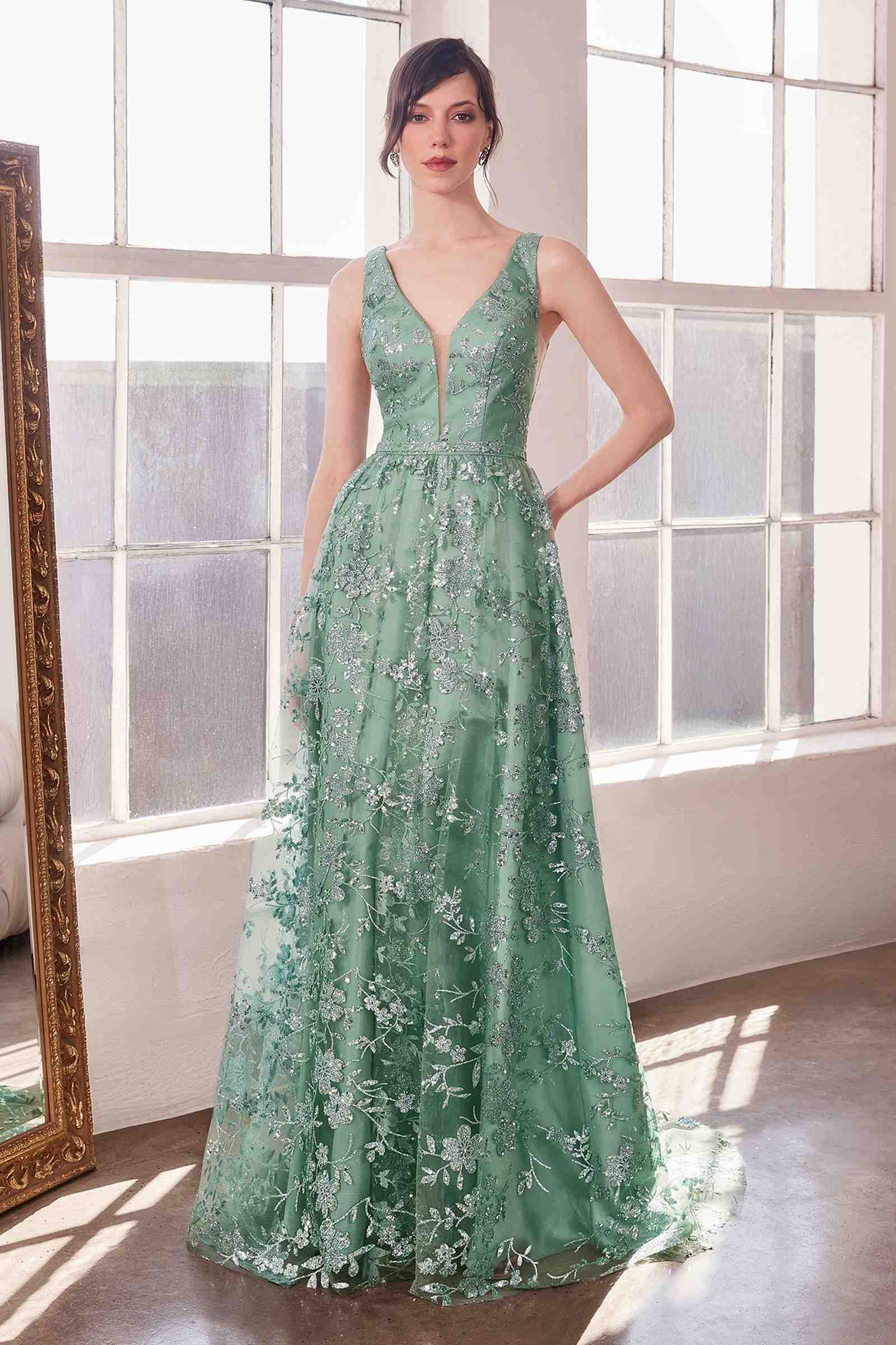 Emerald green sleeveless A-line gown with V-neck and allover glitter floral print
