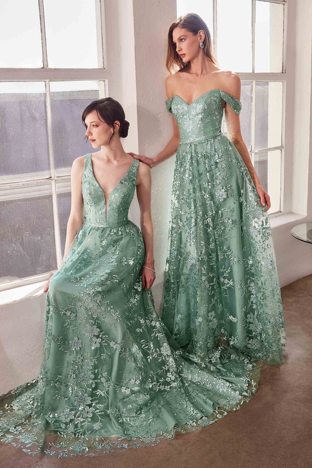 Emerald green long A-line gown, sleeveless off-shoulder V-neck with glitter floral embroidery.