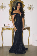 Black sequin lace off-shoulder fitted mermaid gown with full-length skirt