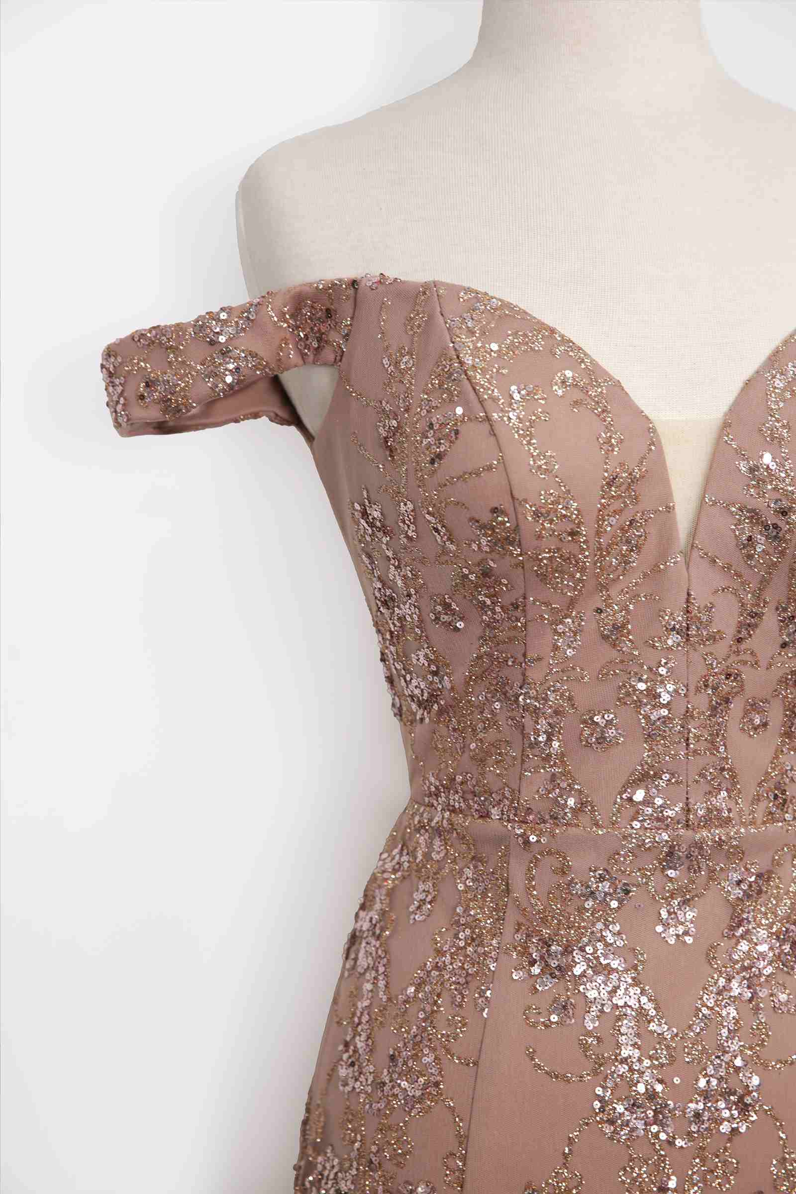 Rose gold sequin lace gown back detail with off-shoulder sleeves