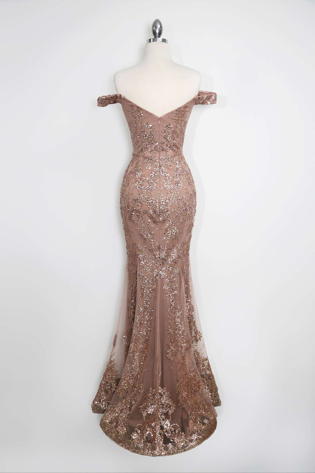 Rose gold sequin off-shoulder fitted gown with lace-like shimmer and sweep train