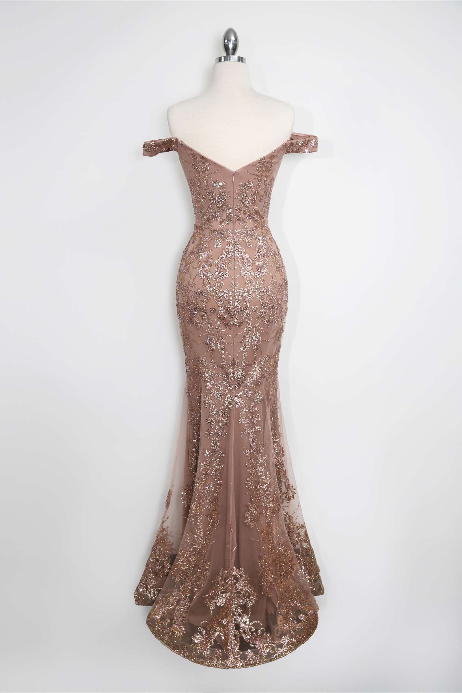 Rose gold sequin off-shoulder fitted gown with lace-like shimmer and sweep train
