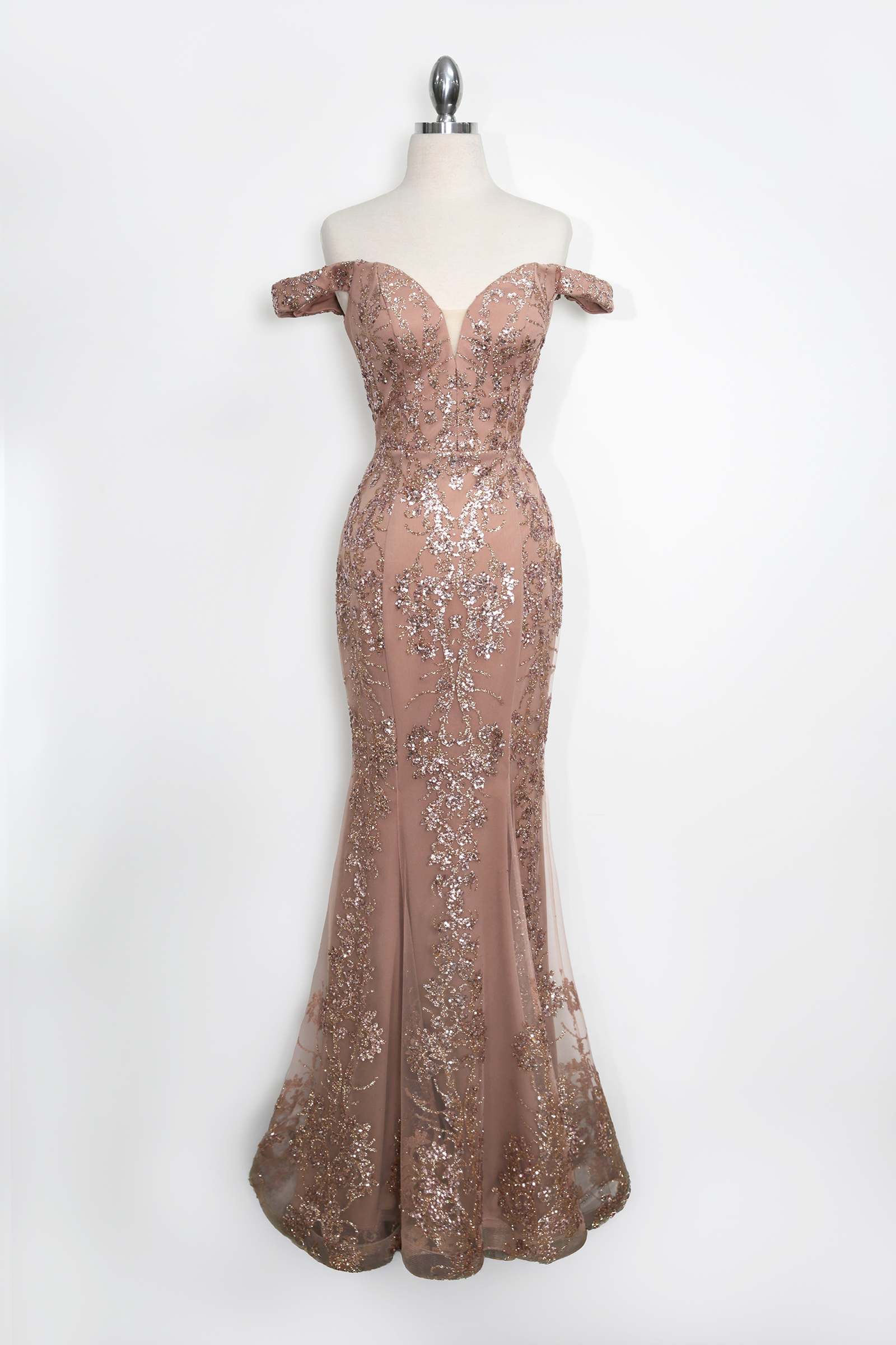 Rose gold sequin lace off-shoulder fitted gown on mannequin with long skirt