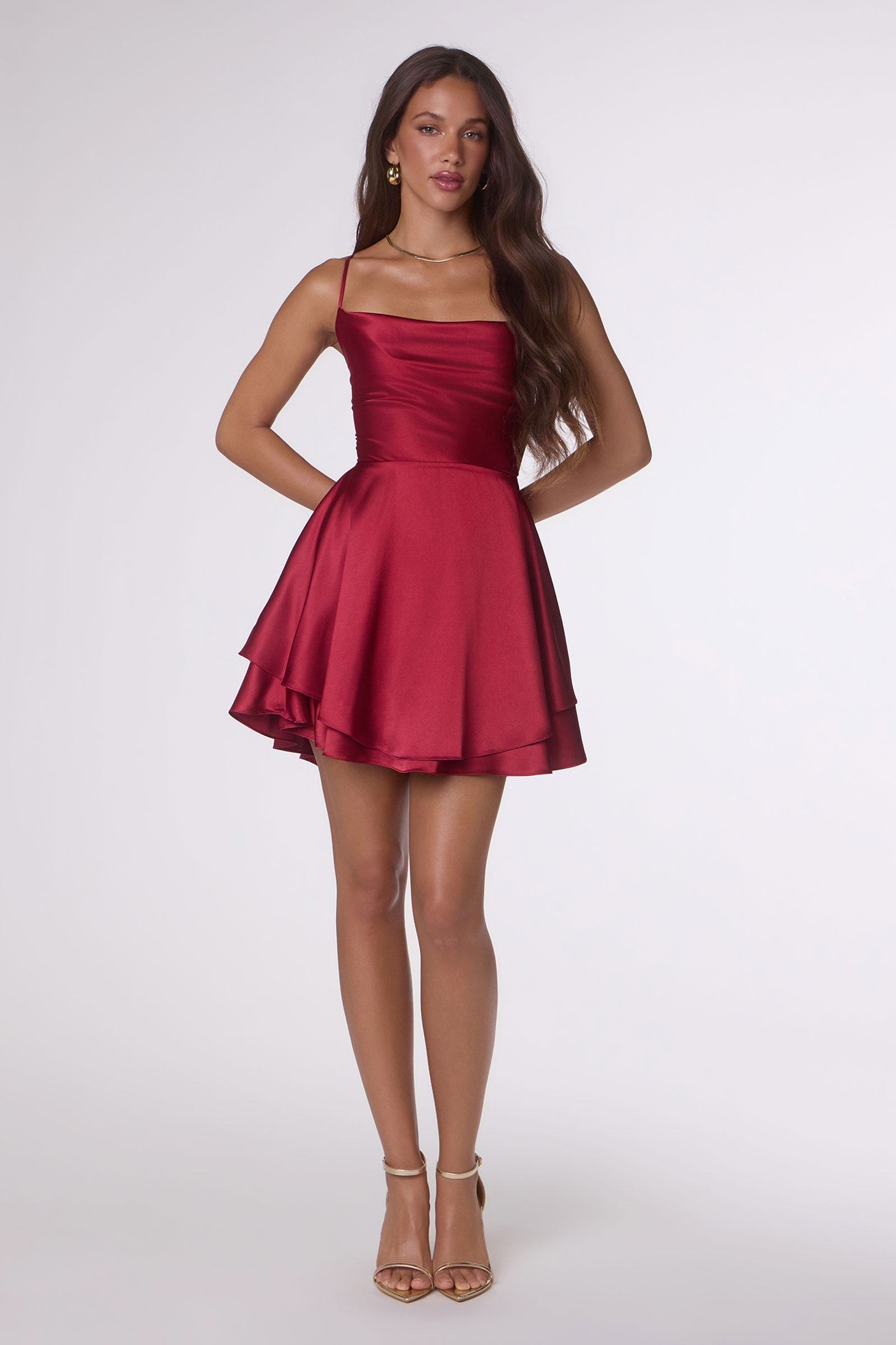 Burgundy satin fit-and-flare mini party dress with spaghetti straps and flared hem