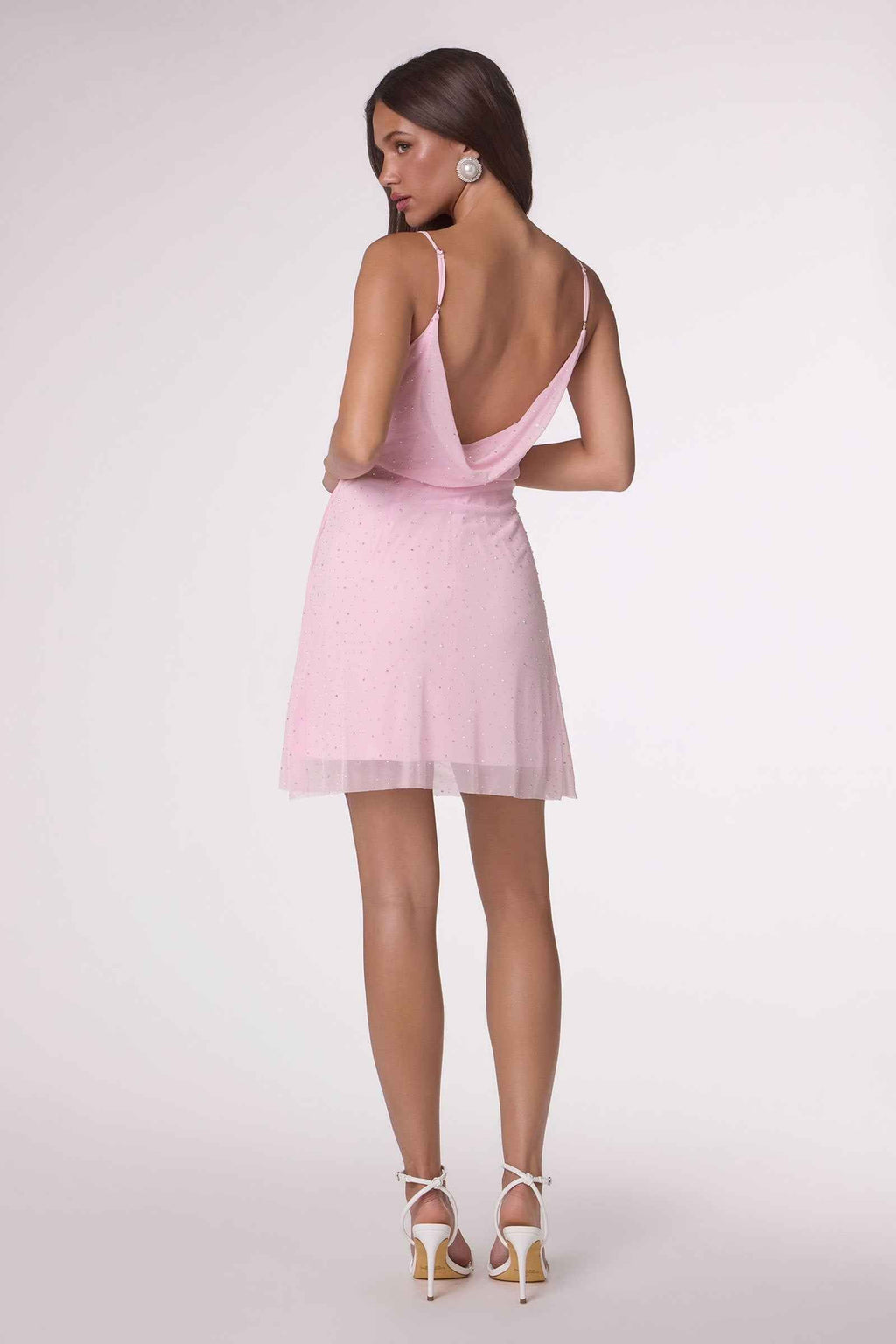 Light pink fitted mini cocktail dress with open cowl back and thin straps