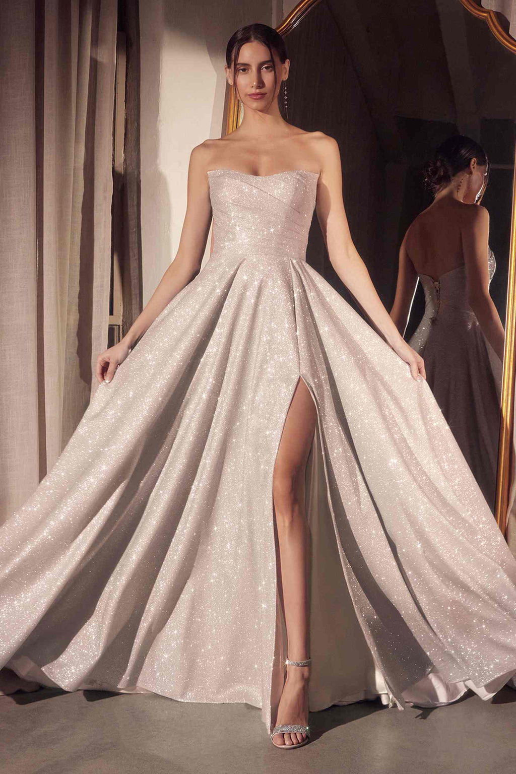 Strapless glitter A-line gown with sweetheart bodice and front thigh slit