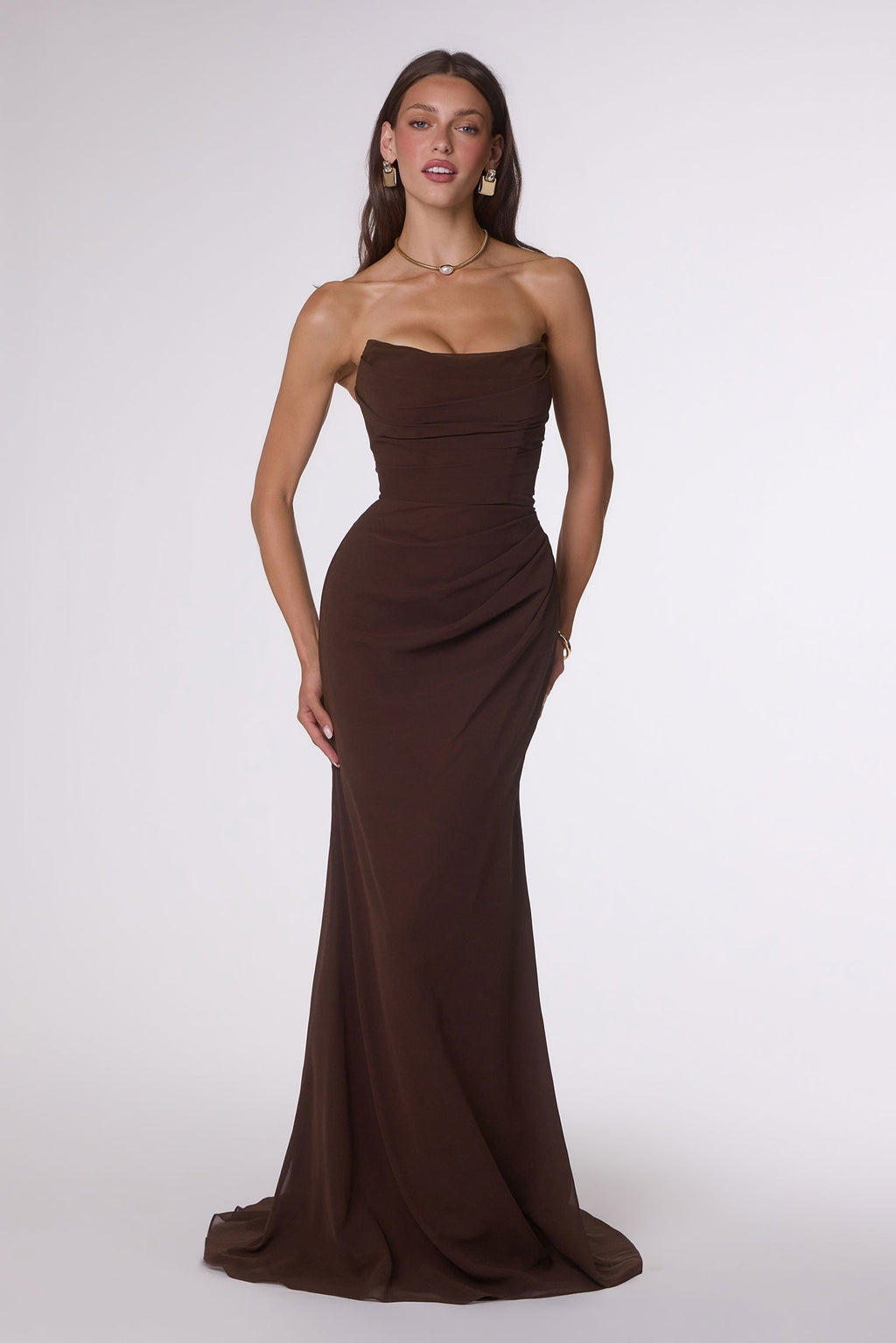 Fitted strapless chiffon dress, espresso brown, draped scoop bodice and fitted mermaid hem
