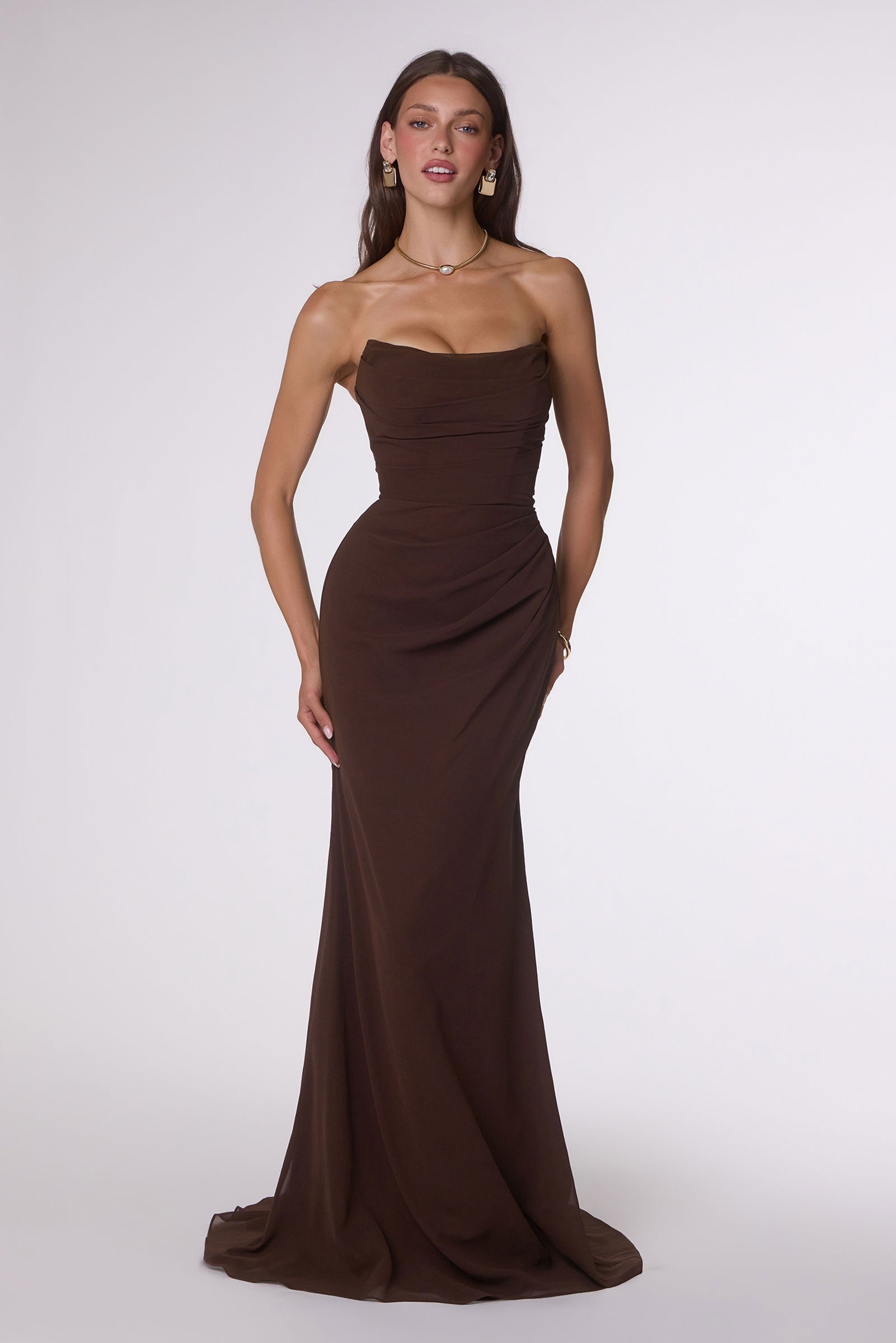 Fitted strapless chiffon dress, espresso brown, draped scoop bodice and fitted mermaid hem