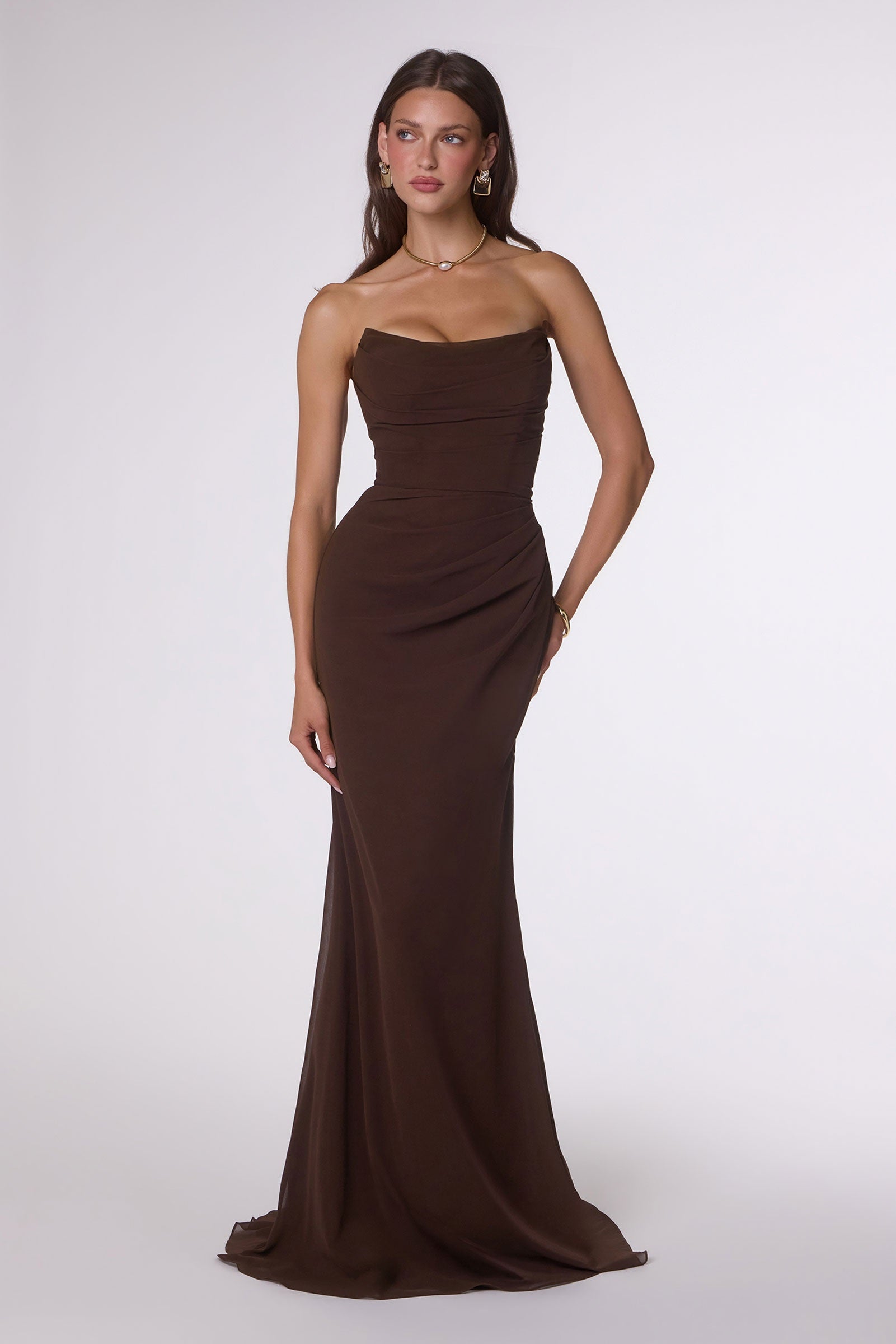 Fitted strapless chiffon dress, dark brown, ruched scoop neckline and fitted long skirt