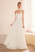 Off-white strapless A-line gown with sweetheart neckline and flowing full skirt