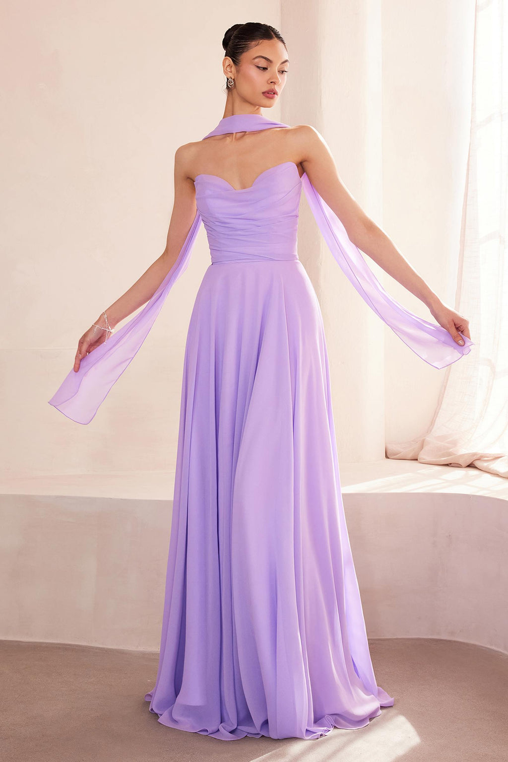 Lavender strapless A-line bridesmaid dress with sweetheart neckline and draped chiffon sleeves