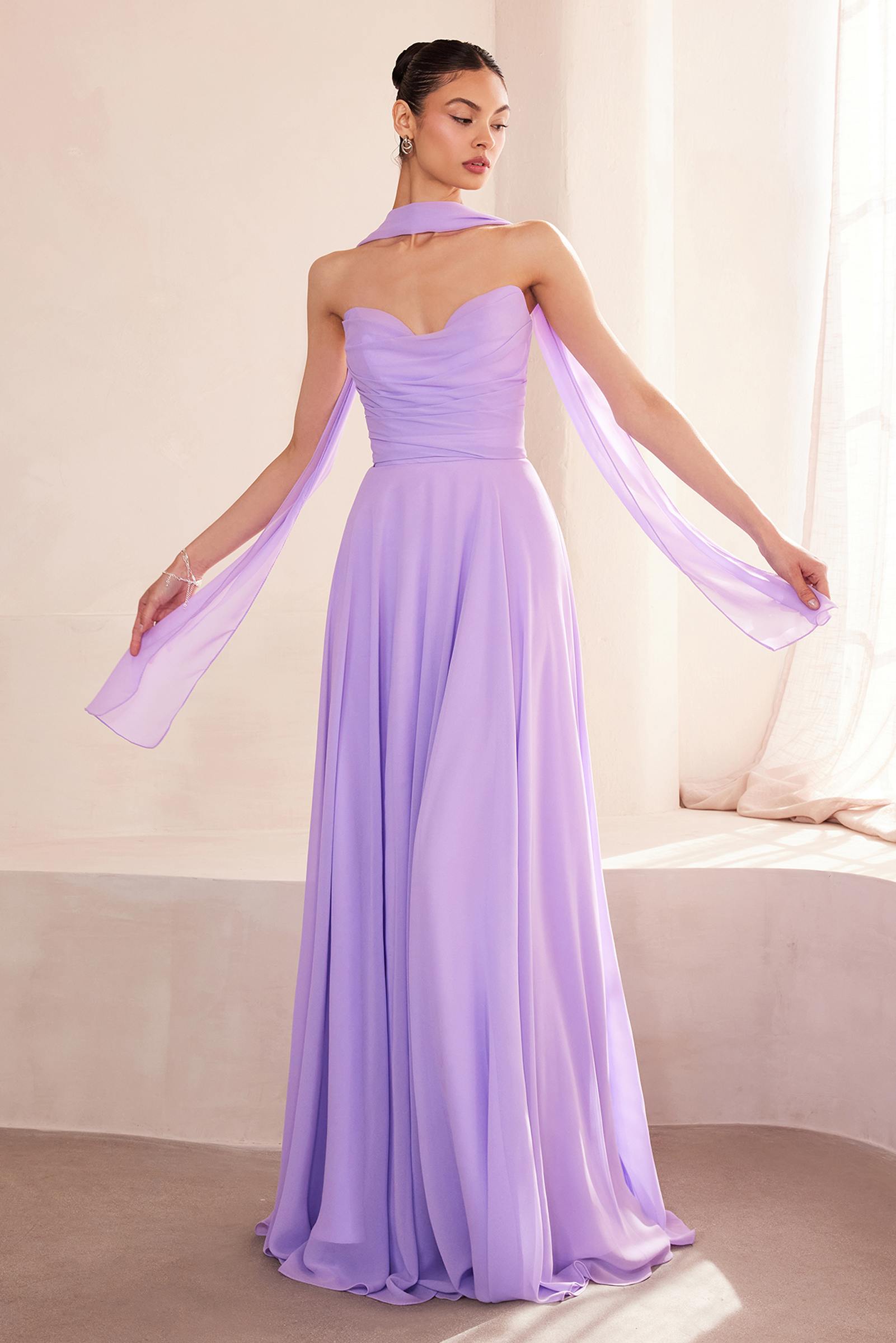 Lavender strapless A-line bridesmaid dress with sweetheart neckline and draped chiffon sleeves