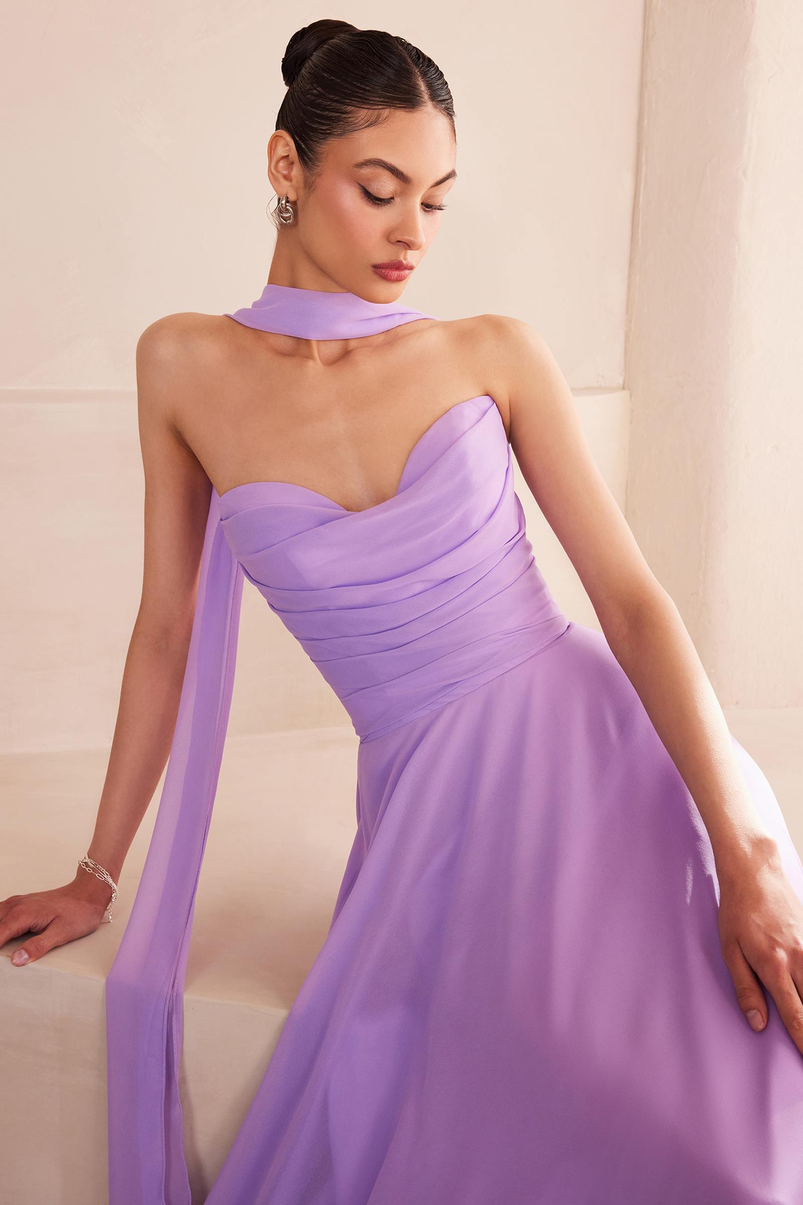 Lavender strapless bridesmaid gown, open back with draped overlay and sweetheart bodice