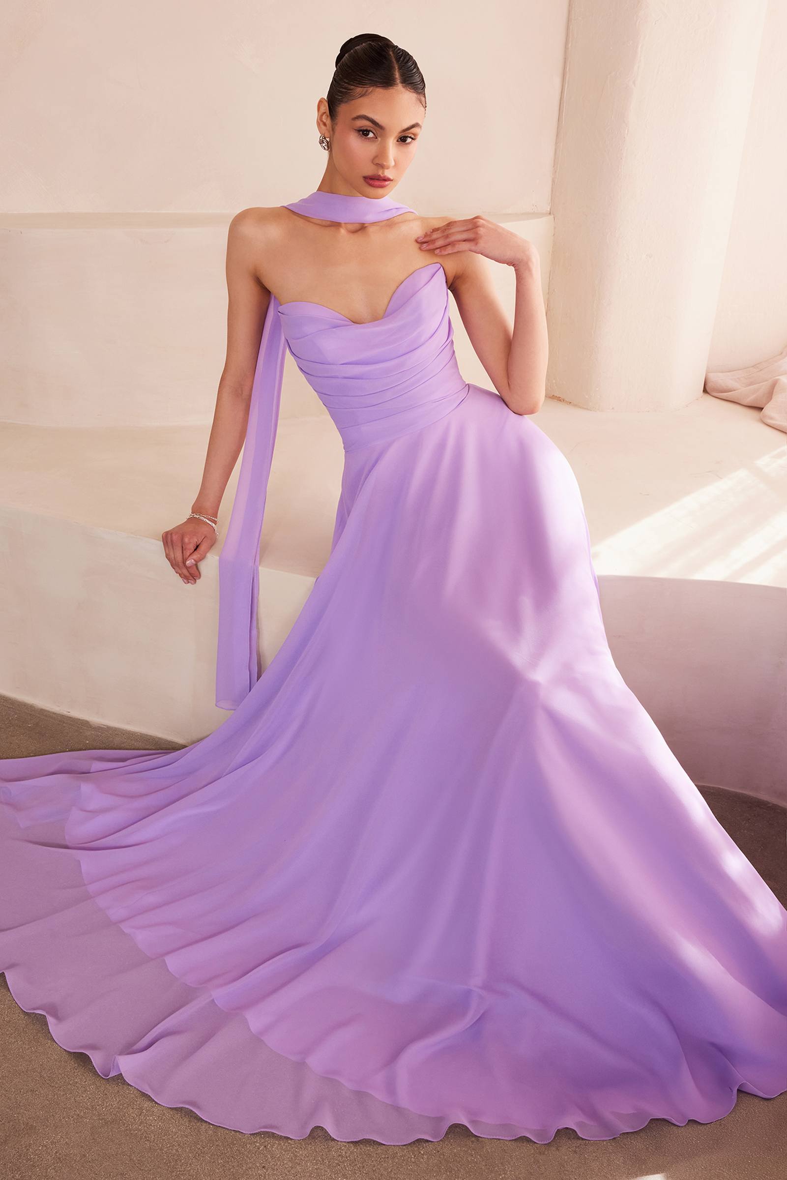 Strapless A-line bridesmaid dress in lavender with neck strap detail and full skirt