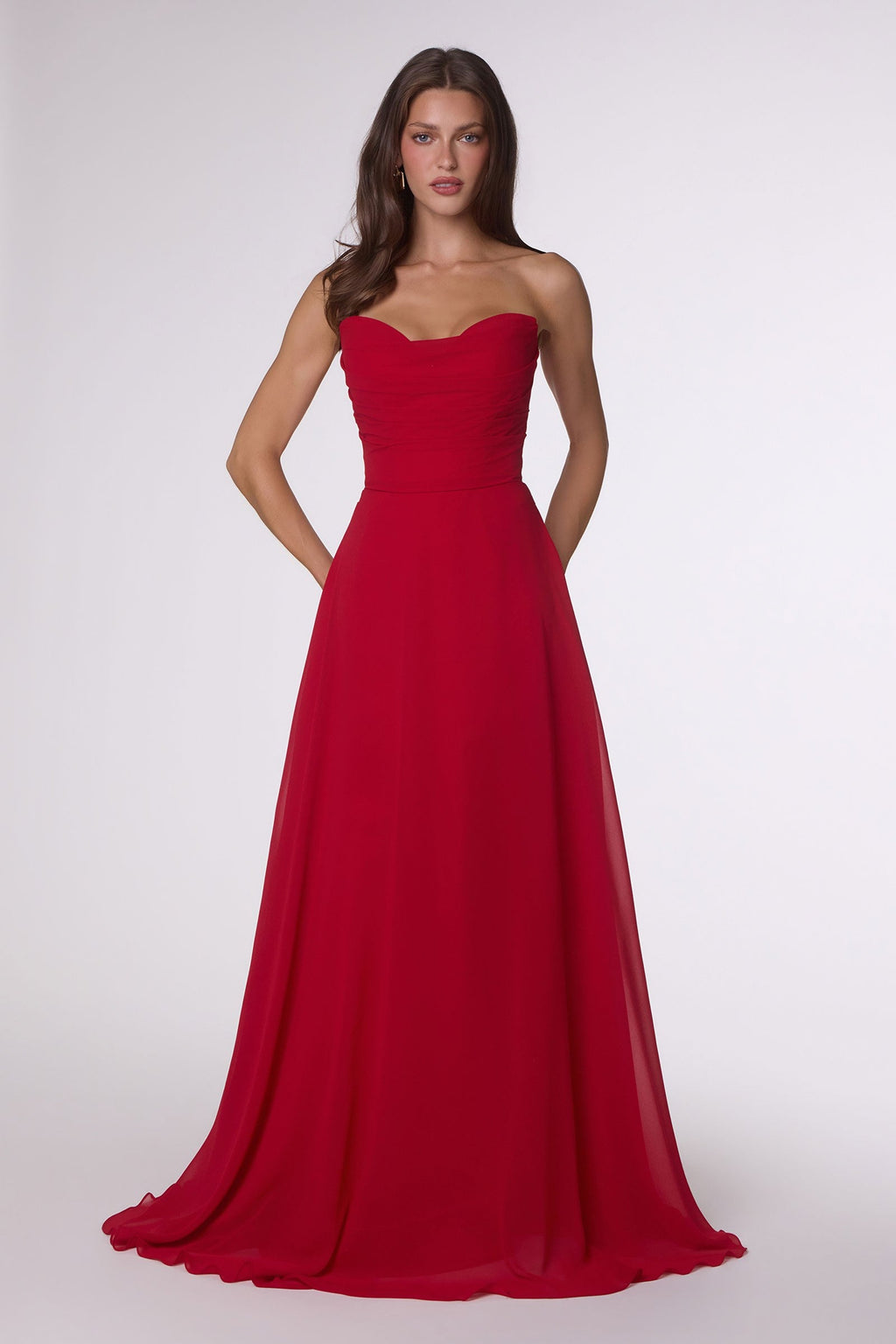 Strapless A-line bridesmaid dress in red with fitted bodice and full skirt
