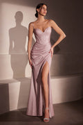 Dusty rose sequin spaghetti-strap A-line dress with sweetheart bodice and front slit