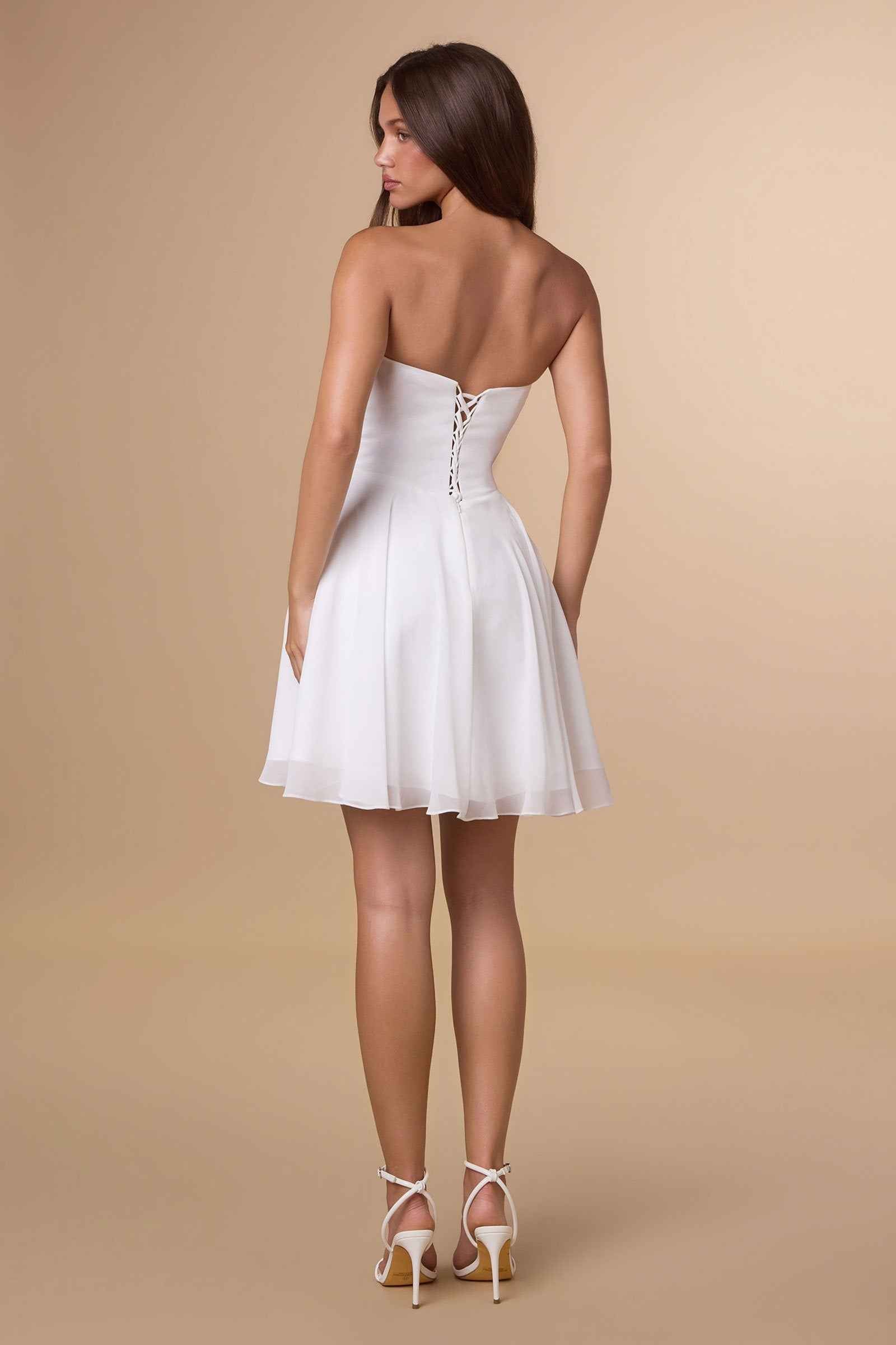 Off-white strapless chiffon dress, corset-style back with lacing