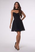 Strapless chiffon dress in black with sweetheart neckline and flared skater skirt