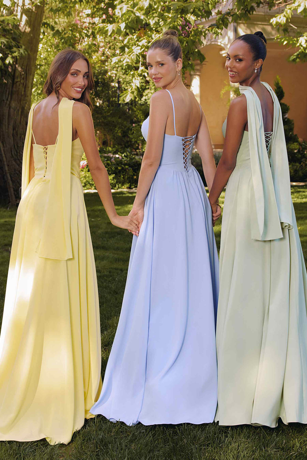 Chiffon A-line long dresses in yellow, light blue, and sage green with spaghetti straps