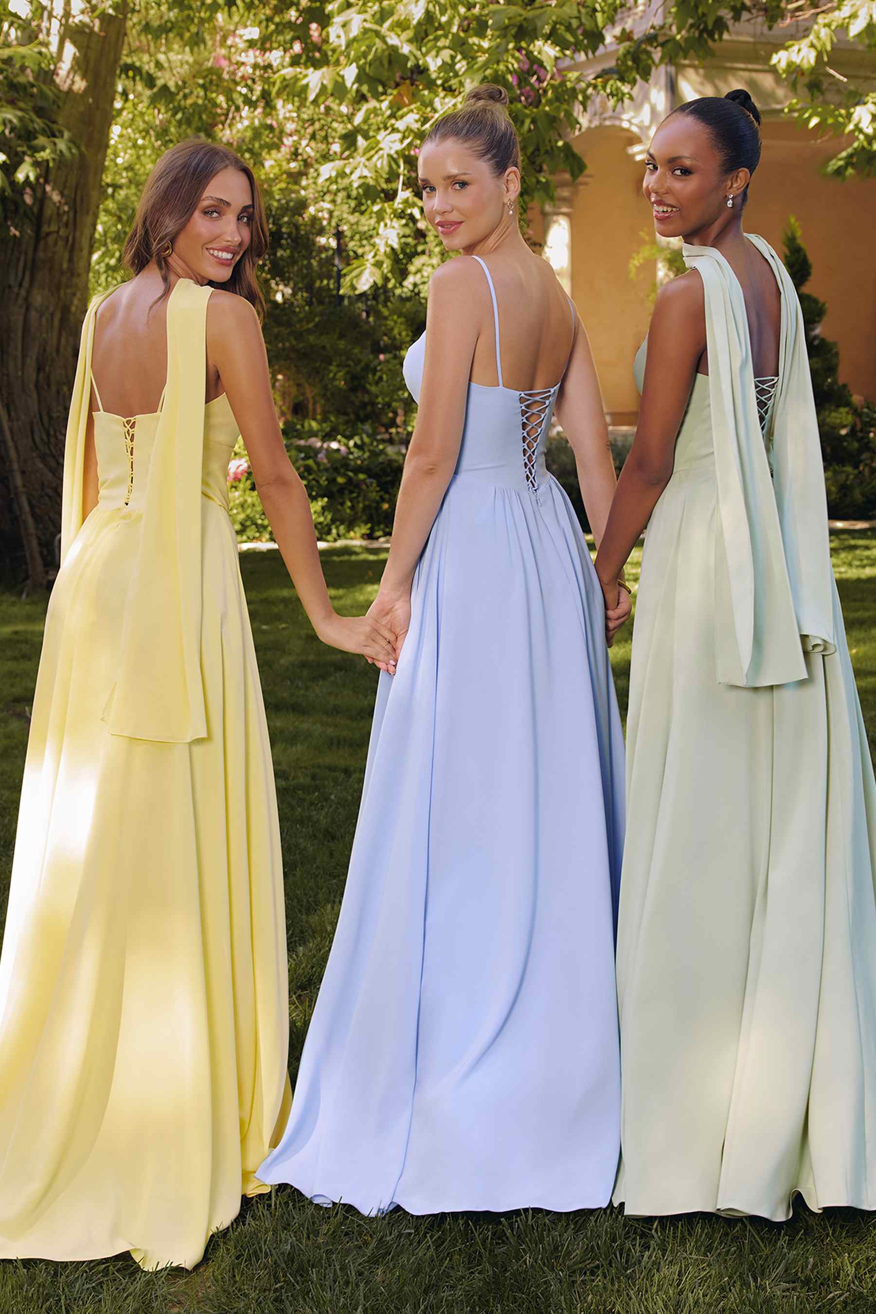Chiffon A-line long dresses in yellow, light blue, and sage green with spaghetti straps