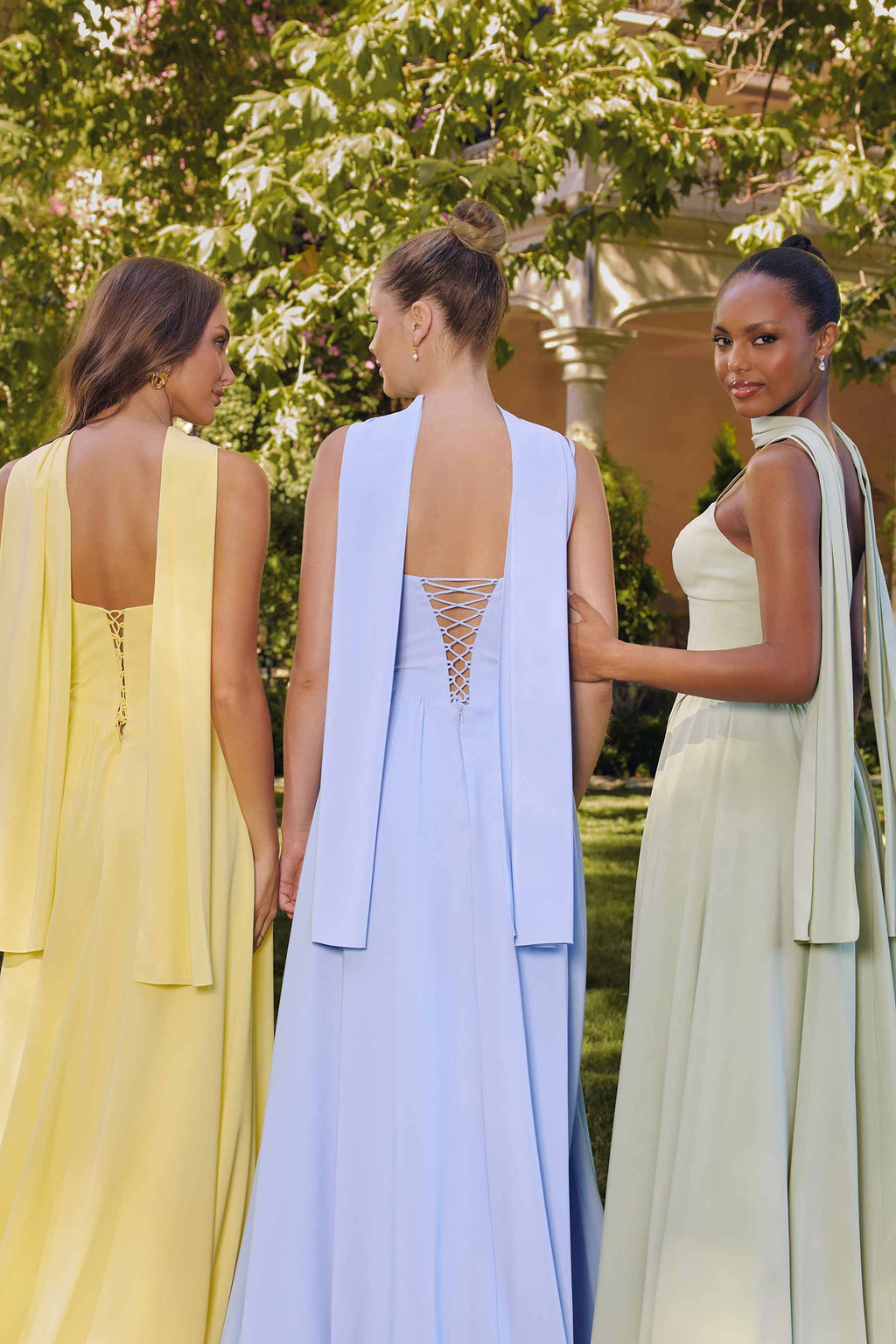 Light blue chiffon A-line long dress, open back with crisscross lace detail