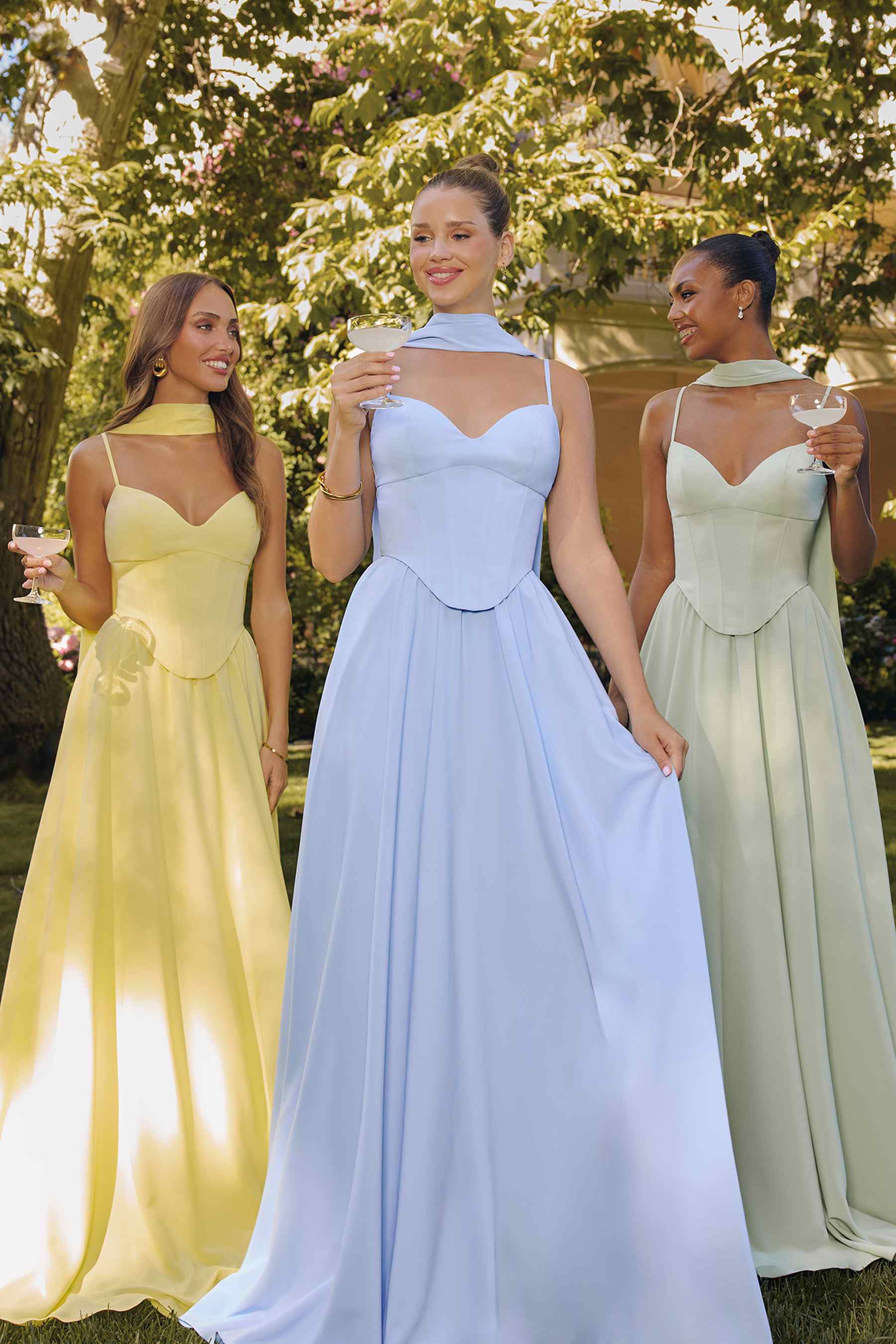Light blue chiffon A-line long dress with spaghetti straps and V-neck, with yellow and sage