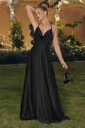 Black spaghetti strap draped cowl neck A-line dress with gathered waist