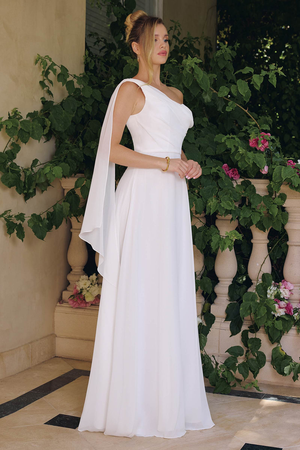 Off-white one-shoulder chiffon A-line evening dress with one-strap waist drape