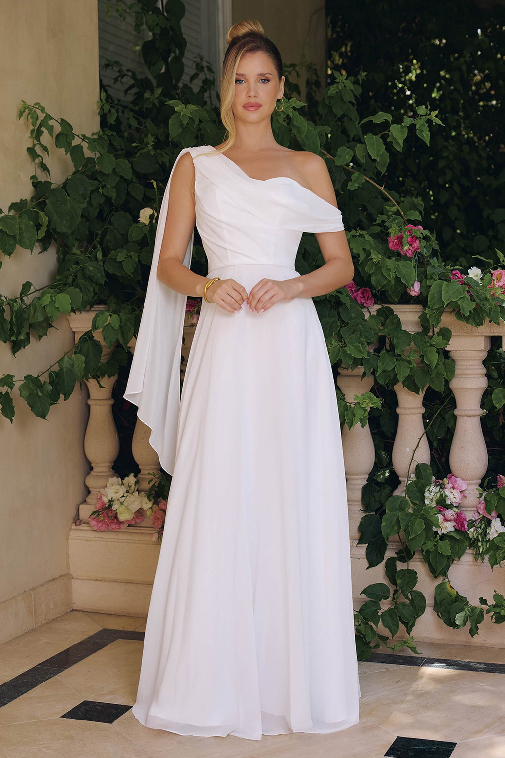Off-white one-shoulder chiffon A-line evening dress with draped bodice