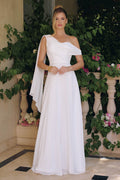 Off-white one-shoulder chiffon A-line evening dress with draped bodice