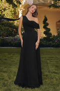 Black one-shoulder chiffon A-line evening dress with draped cowl neckline