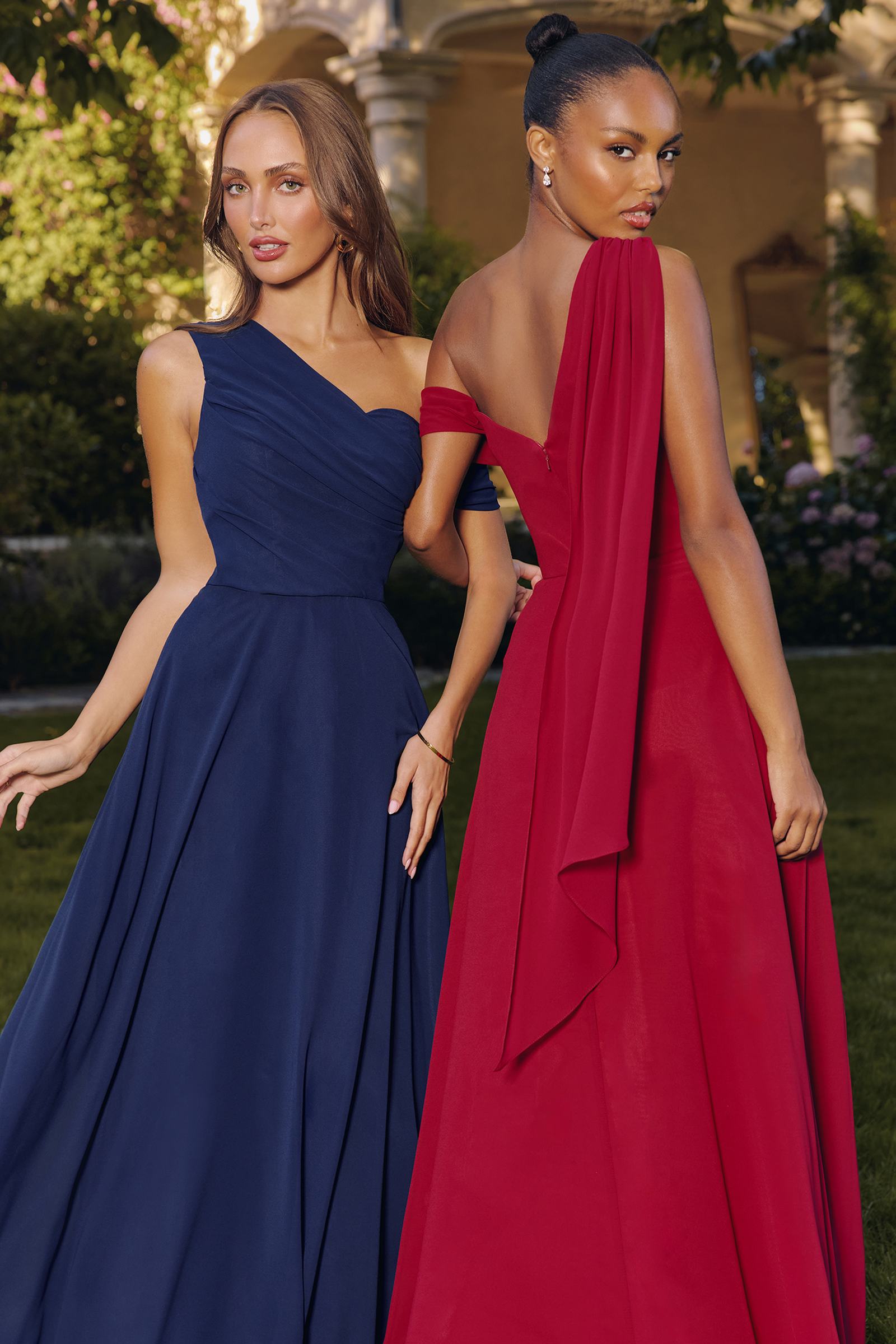 Burgundy one-shoulder chiffon A-line evening dress with draped shoulder and gathered waist